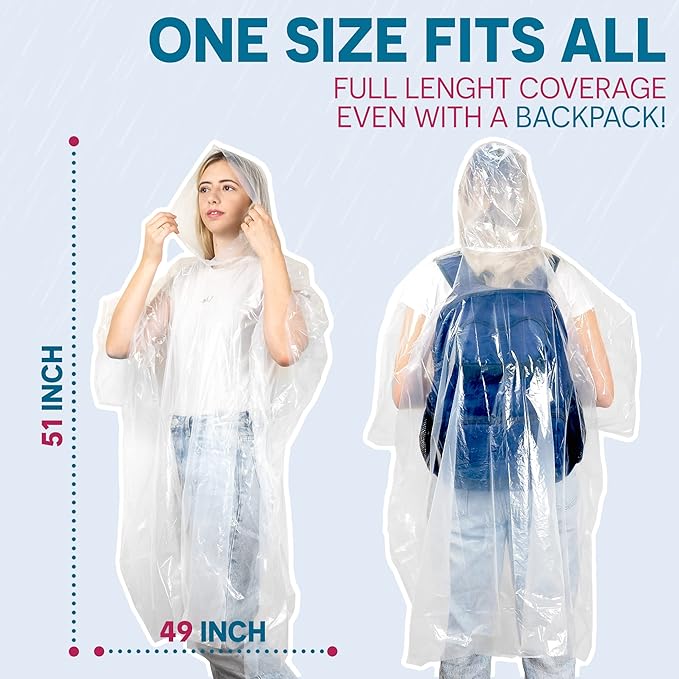 20-Pack Emergency Disposable Rain Ponchos for Adults – 100% Waterproof with Hood | Clear Lightweight Unisex Raincoats for Camping, Hiking & Travel