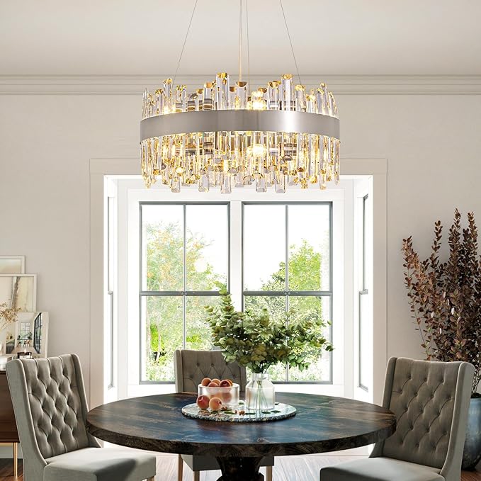 Siljoy Modern Crystal Chandelier, 12-Lights Contemporary 2-Tiers K9 Crystal Raindrop Chandelier Flush Mount Crystal Pendant Ceiling Light Fixture for Dining Living Room Kitchen Island D19.7''