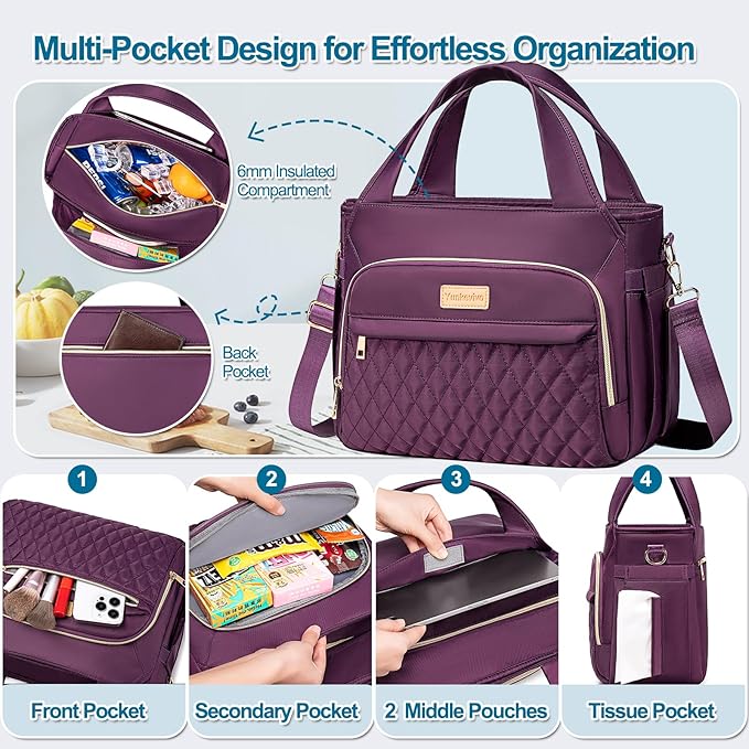 Lunch Bag Lunch Box Women - Insulated Lunch Tote Bag for Women Men, Leakproof Large Womens Lunch Bags for Work, Lunch Cooler Bag for Adult with Side Pocket for Picnic, Hiking, Beach (Purple)