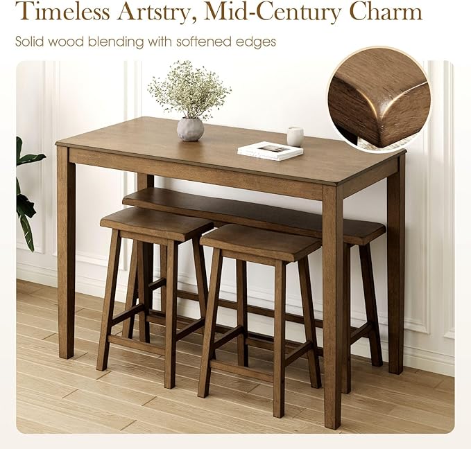 Sophia & William Dining Table Set for 4, Wooden Kitchen Table Set with Bench and 2 Chairs, Space-Saving Farmhouse Dining Sets,Rustic Caramel