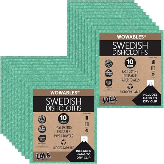 LOLA Swedish Dishcloths, 20 Pk Biodegradable Reusable Paper Towels Absorbent Cellulose Kitchen Sponge Cloths Zero Waste Odor Free, Made in Germany