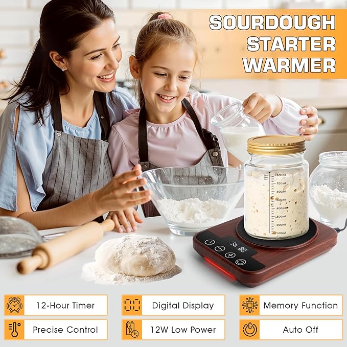 Upgraded Sourdough Starter Warmer, Precise 1°F Thermostat Control (70-100°F) Sourdough Warming Mat, Smart Memory Sourdough Warming for Sourdough Fermentation, 12-Hour Timer (Wood Grain)