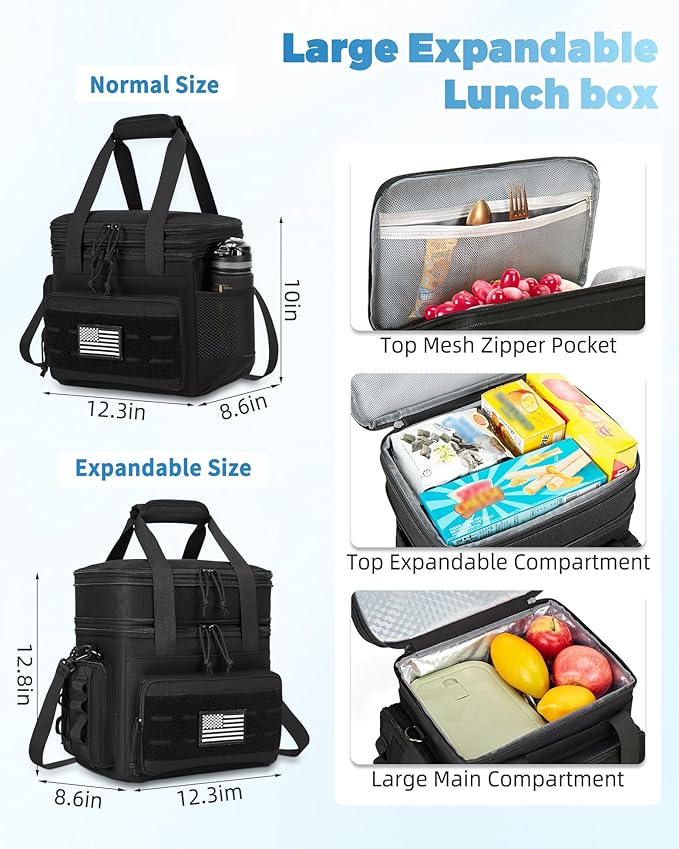 Tactical Lunch Bag & Lunch Box for Men - Large Double Deck Expandable Insulated Soft Adult Lunchbox for Work - Cooler Bag for Beach, Picnic, Camping,Outdoor，Travel (Black,16L)