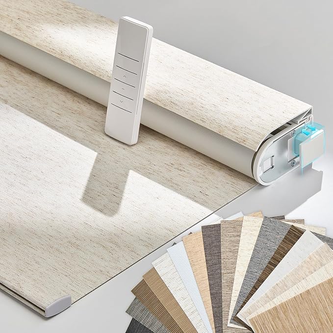Persilux Smart Motorized Blinds with Remote, No Drill Automatic Roller Shades for Indoor Windows, Blackout Linen Fabric, Electric Blinds for Windows, Linen Cream C156BO-1, Custom Size