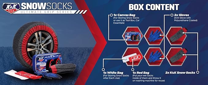 K&K Auto Accessories Snow Socks for Tires - Pro Series for Ultimate Grip Alternative for Tire Snow Chain - Snow Traction Device for Passenger Cars SUVs Trucks Winter Emergency Accessory(X-Large)