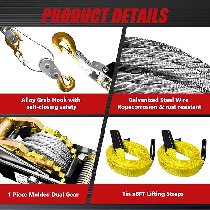 Come Along Winch 5-Ton 9.84FT Steel Cable & 3 Hooks Dual Gear with Two 1"x8FT Lifting Sling Heavy Duty Ratchet Power Puller Tool for Vehicle Rescue