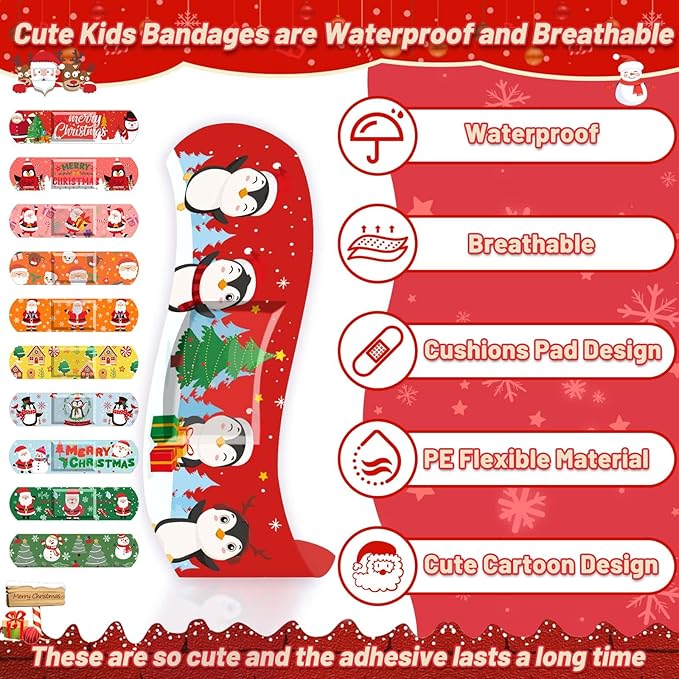 300 Pcs Christmas Kids Bandages 33 Style Cute Cartoon Santa Claus Bandage Flexible Breathable Christmas Character Bandages Strip Protect Cuts for Girls Boys Children Toddlers (Santa Claus)