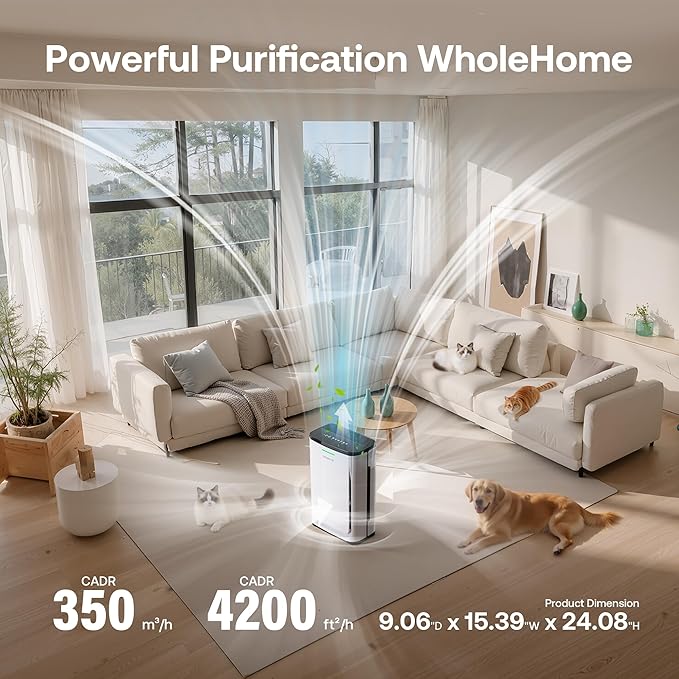 Large Pet Air Purifier for Home up to 4200 sq ft, Suck up Floating Cat Dog Hair, 7-Stage Filter, Anion Activated Carbon HEPA Air Purifiers for Dander Odor Allergies Pollutant Smoke Dust, Zero Ozone