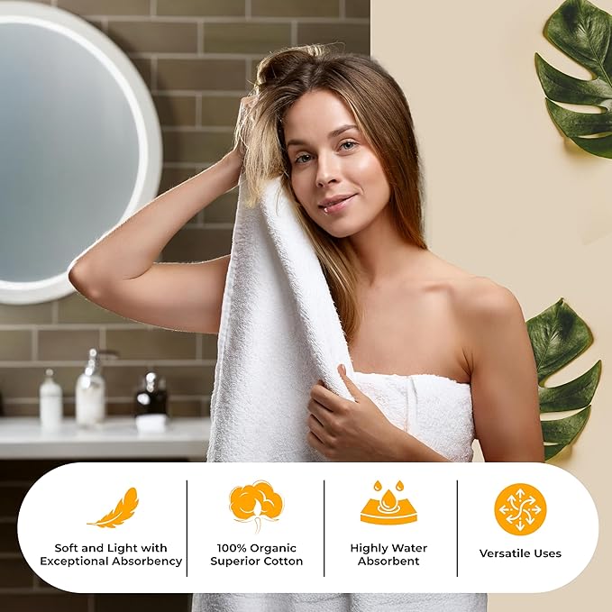 EcoNour Luxury 100% White Turkish Cotton Towel Set 550 GSM– 6 Piece Bathroom Towels Set Includes 2 Bath Towels, 2 Hand Towels, 2 Washcloths – Soft, Absorbent, Quick Dry for Bathroom, Spa,Gym & Hotel