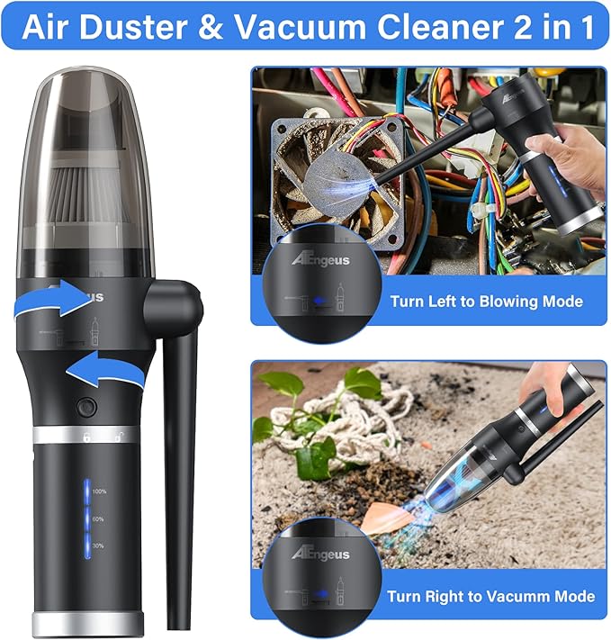 ATEngeus Compressed Air Duster & Vacuum, 77000 RPM Cordless Air Duster, 3 in1 Air Blower, Detachable Battery, Replaces for Air Cans, Keyboard Cleaner, Vacuum Cleaner for pc