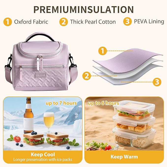 Insulated Lunch Bag, Portable Small Cooler Box, Reusable Leakproof Lunch Box Bag with Removable Strap for Work, Travel, Picnic (Purple)