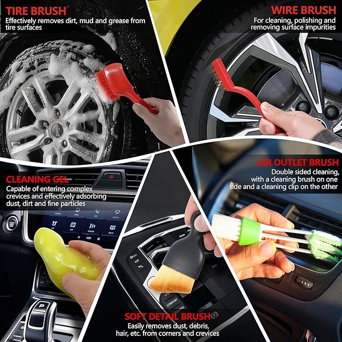 15Pcs Car Detailing Kit, Interior Detailing Brush Set with Cleaning Gel Vents Tools for Car Exterior Tire Wheel Engine Care (D：15PCS)