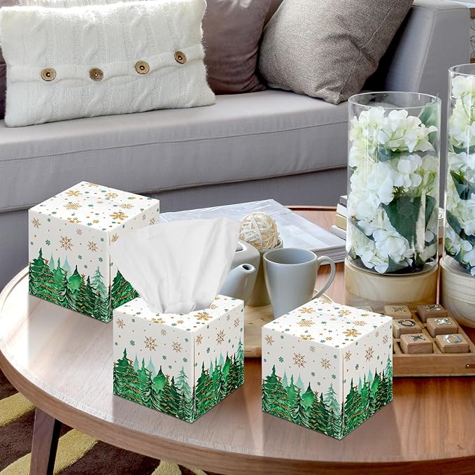 Bencailor 12 Pack Snowflake Facial Tissues Cube Boxes Winter Christmas Tree Square 600 Sheets 3 Ply Small Tissues Cube Boxes for Home Car Accessories(Green,Christmas Tree)