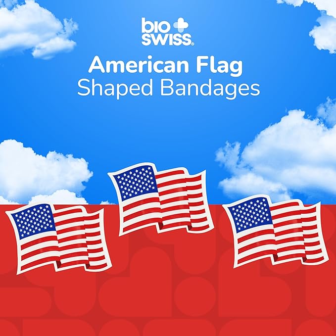 BioSwiss Kids Bandages, American Flag Shaped Self Adhesive Bandage Set, Latex Free, Sterile Wound Care, 50 Count
