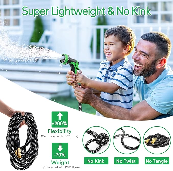 75 ft Expandable Garden Hose, 2025 New Ultra Lightweight Kink Free Flexible Water Hose 75ft, 10 Pattern Spray Nozzle, Leak-Proof Solid Brass Fittings, High-Density Outer Fabric & Durable Inner Core