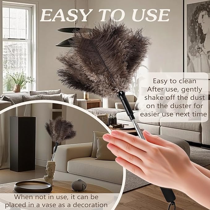 Telescopic Ostrich Feather Duster, 59-inch Naturally Fluffy Long-Handled Feather Duster, Soft, Durable and Reusable for Cleaning high Ceilings, Walls, Fans, Furniture and Blinds in The Home Office