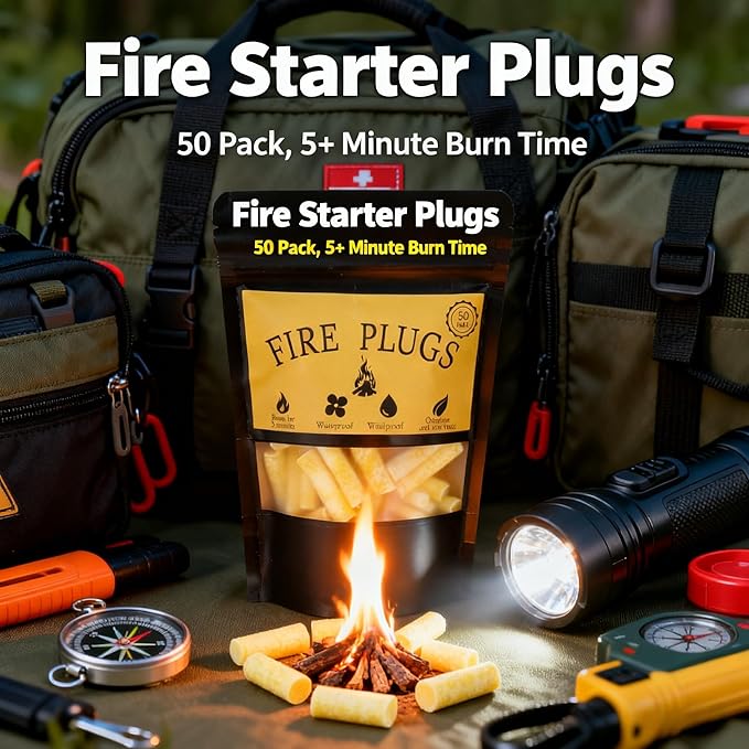 50 Pack,Waterproof Fire Starters with 5+ Minute Burn Time for Emergencies, Campfires, Survival, Fire Pits, Grills - Yellow,Non-Toxic