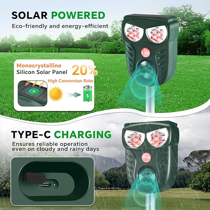 Solar Ultrasonic Animal Repellent Outdoor, Cat Squirrel Raccoon Dog Deer Repellent Device with Motion Detection, IP66 Waterproof Mouse Skunk Rodent Deterrent