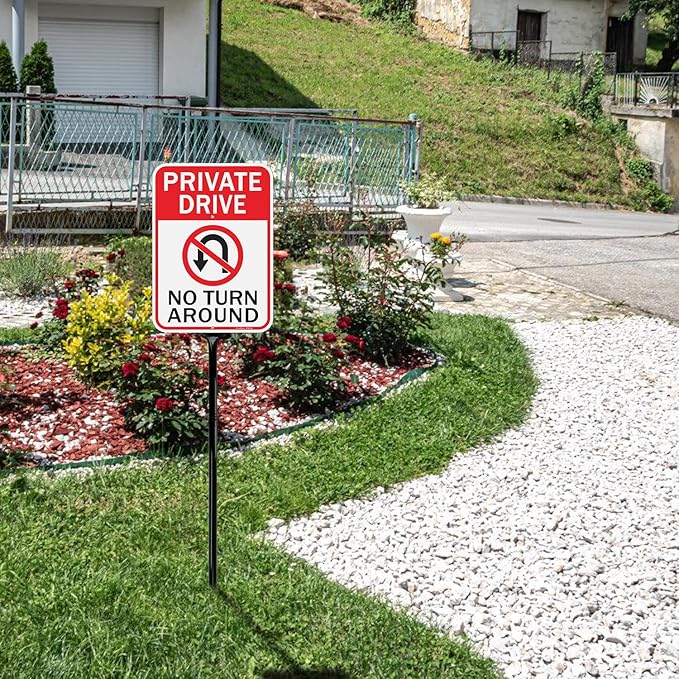 GicnKeuz Private Driveway No Turn Around Signs with 36" Heavy Duty Metal Stakes, 14"x10" .040 Aluminum Reflective Signs, Fade Resistant/Waterproof, Including Screws, Easy to Install, Outdoor Use (1 Pack)