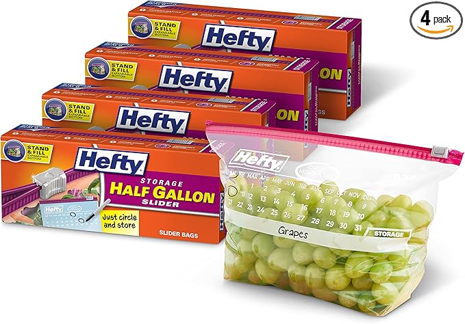 Hefty Slider Calendar Storage Bags, Half Gallon Size, 32 Count (Pack of 4), 128 Total
