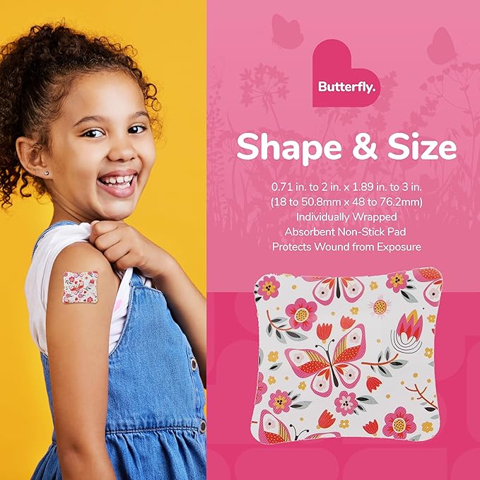 BioSwiss Kids Bandages, Assorted Size Butterfly Print Shaped Self Adhesive Bandage Set, Latex Free, Sterile Wound Care, 60 Count