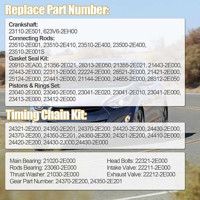 G4NC 2.0L Engine Rebuild Overhaul Kit w/Crankshaft, Timing Chain Kit, Head Gasket Set & Pistons Fits for Kia Sportage; for Hyundai Sonata Santa Fe Sport Replace# 23110-2E501 623V6-2EH00 23510-2E001