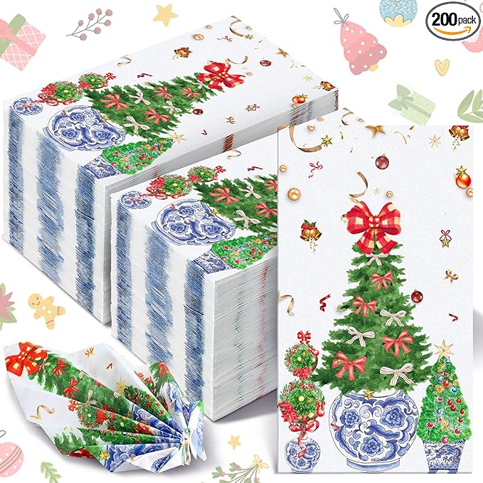Jetec 200 Pcs Christmas Guests Napkins Disposable Hand Towels for Bathroom Christmas Tree Decorative Disposable Guests Napkins Topiary Trees Paper Guest Towels for Xmas Holiday Kitchen Dining Table