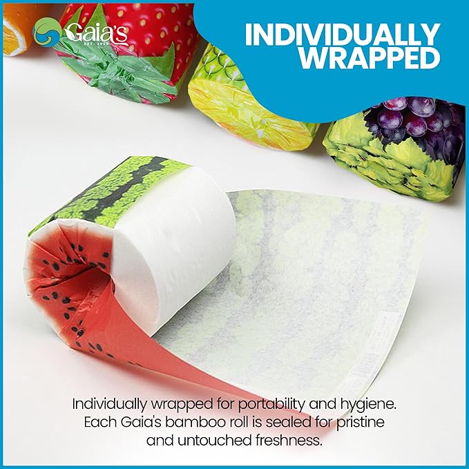 Gaias Premium and Soft Fruit TP Organic Bamboo Toilet Paper | 48 Mega Rolls, 3 Ply, 370 Sheets | FSC Certified, PFAS & BPA Free, Eco-Friendly, Sustainable Tissue - Plastic Free, Septic Safe, Vegan