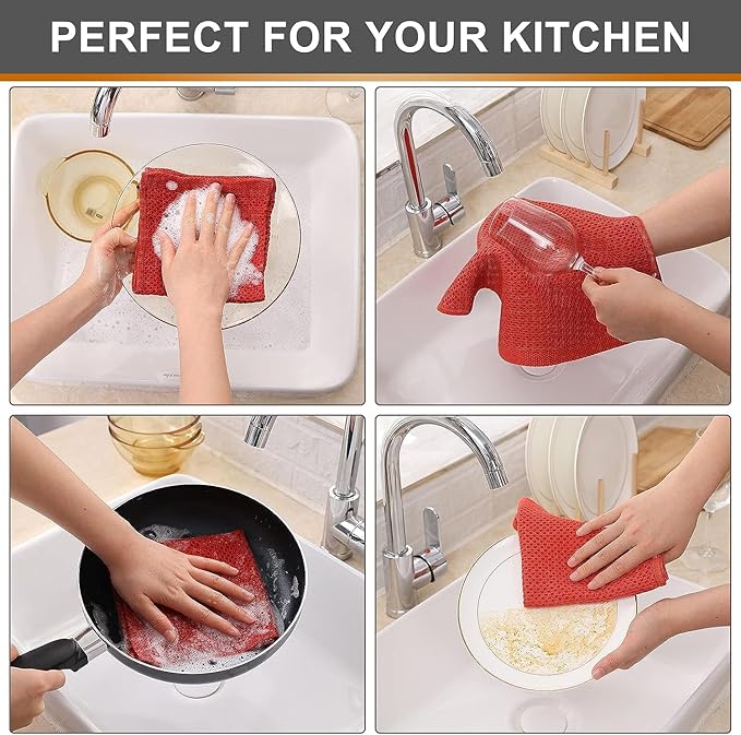 Kitinjoy 100% Cotton Kitchen Dish Cloths, 8 Pack Waffle Weave Ultra Soft Absorbent Dish Towels for Drying Dishes Quick Drying Kitchen Towels Dish Rags, 12 X 12 Inches, Brick Red
