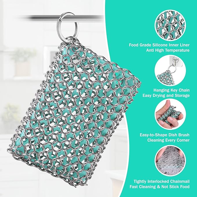HAUSHOF Cast Iron Scrubber, Chainmail Scrubber with Silicone Core, Premium Chainmail Scrubber Sponge for Skillet, Pan, Dutch Oven