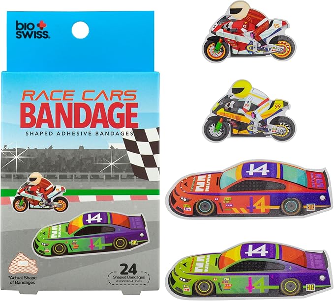 BioSwiss Kids Bandages, Race Cars Shaped Self Adhesive Bandage Set, Latex Free, Sterile Wound Care, 24 Count