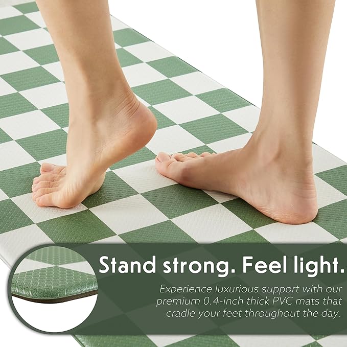 Checkered Kitchen Mats for Floor Set of 2, 2 Pcs Sage Green Cushioned Non Slip Runner Rugs for Kitchen/Sink/Laundry, Comfort Aesthetic Cute Anti-Fatigue Foam Floor Mat 17.3"x29.5"+17.3"x47.2"