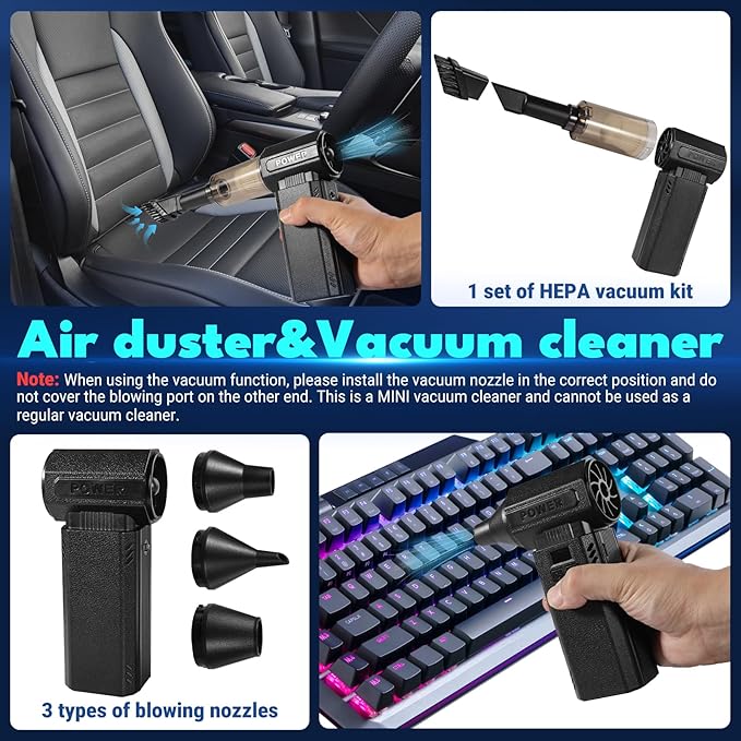 Violent Turbo Fan,Electric Compressed Air Duster & Vacuum Cleaner, Portable Rechargeable Cordless Handheld Air Blower with LED Light & Power Bank for PC, Outdoor, House, Car,20000mAh