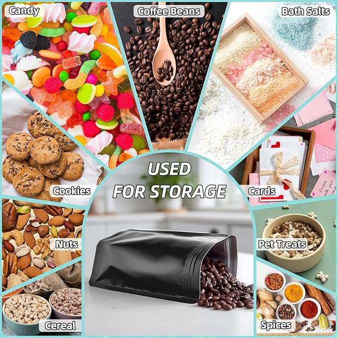 FUNFERY 4.7x7.9 inch Stand Up Mylar Resealable Bags for Food Storage,Smell Proof Foil Pouch,Food Packaging Sealable Bags,Mylar Zipper Bag for Jerky,Candy,Cereal,Coffee, Cards,Black,50 Pack