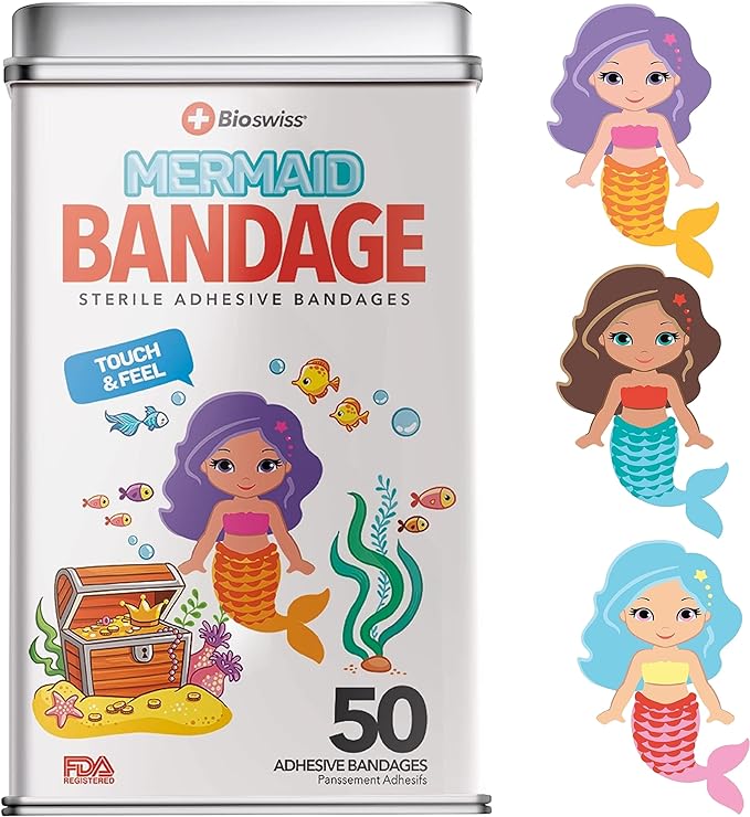 BioSwiss Kids Bandages, Mermaid Shaped Self Adhesive Bandage Set, Latex Free, Sterile Wound Care, 50 Count