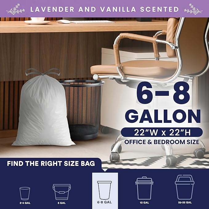 Plasticplace 8 Gallon Trash Bags │ 0.7 Mil │ Lavender and Soft Vanilla Scented Garbage Can Liners │ 22" x 22" (200 Count), White