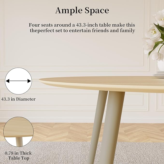 43.3 Inch Round Dining Table Set for 4, Modern Small Kitchen Coffee Set for Dining Room Kitchen Apartment (Cream Table+4 U-Shaped Brown Chairs)