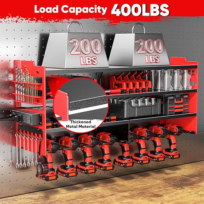 Large Power Tool Organizer Wall Mount with Charging Station,4 Layer Heavy Duty Metal Tool Storage Shelf Loads 600lbs,Battery Utility Rack With 4 Outlet Power Strip with 8 Cordless Drill Holder