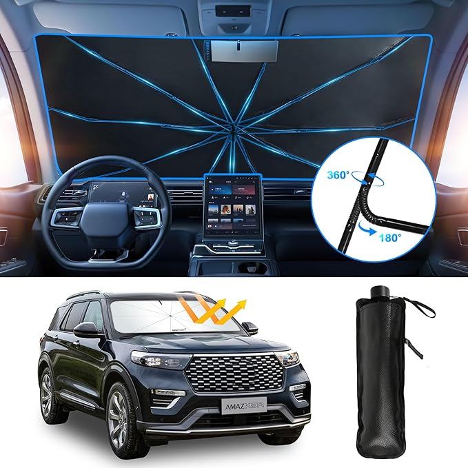 [2025 Upgrade] Car Windshield Sun Shade Umbrella - [10 Fiberglass Ribs][360° Bendable][100% Sun Block] [240T Thickened Titanium Silver ] Ice-Shield Protect Car from Sun Rays Heat Damage 57" x 31"