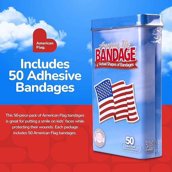 BioSwiss Kids Bandages, American Flag Shaped Self Adhesive Bandage Set, Latex Free, Sterile Wound Care, 50 Count