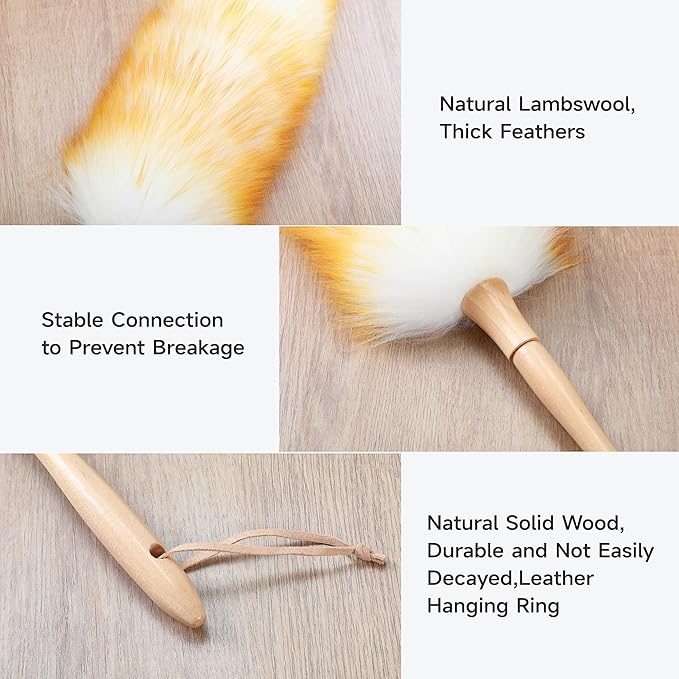 ONESIMUS 2 Pack Lambswool Dusters Fluffy Handheld Natural Feather Duster, 16.1 inch Washable Reusable Wool Dusters with Solid Wooden Handle for Cleaning Ceiling Fan, Interior, & Car etc