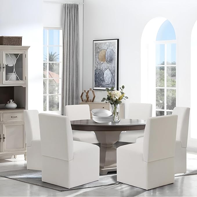 Upholstered Dining Chairs Set of 6 Modern Kitchen & Dining Room Chairs Linen Fabric Dining Chairs with Wooden Frame, White