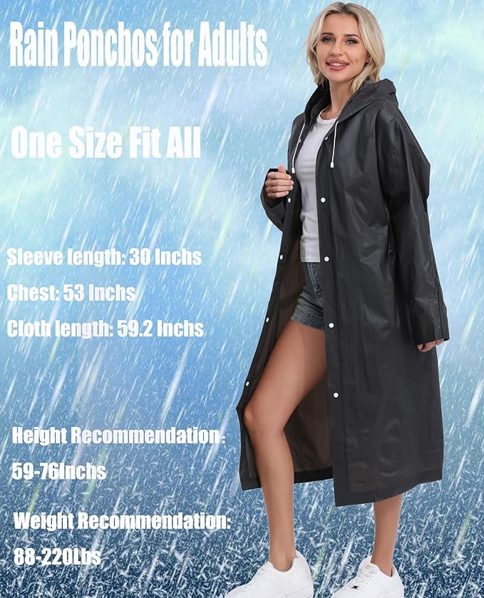 2-Pack Reusable Rain Ponchos for Adults, HOOMBOOM Raincoats Emergency for Women/Men with Drawstring and Sleeves