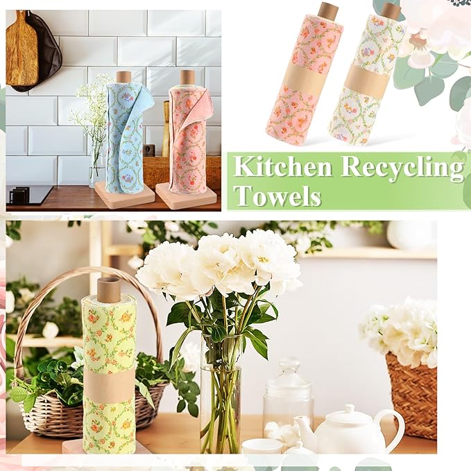 Redbaker 50 Pcs Reusable Paper Towels Paperless Reusable Cotton Cloths Toilet Absorbent Washable Paper Towels with Roll Kitchen Dishcloth for Kitchen Paperless Dishcloths(Floral Wreath)