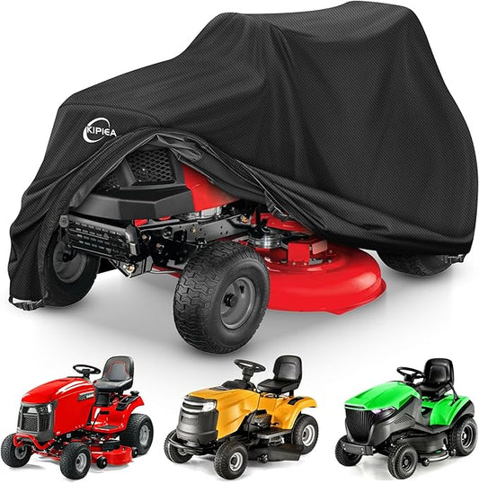 Kipiea Riding Lawn Mower Cover 600D Heavy Duty Lawn Tractor Cover Waterproof, Universal Fit with 4 Buckles, 2 Drawstrings and Storage Bag