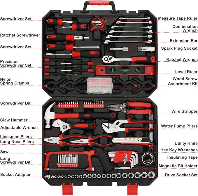 Mayouko 205PCS Home Repair Tool Kit, Complete Household Tool Set, Car Tools Kit Mechanic Set for Rv Trunk, Mechanics Home Tool Set, 205 Pieces Socket Wrench Auto Repair Hand Tool Kit