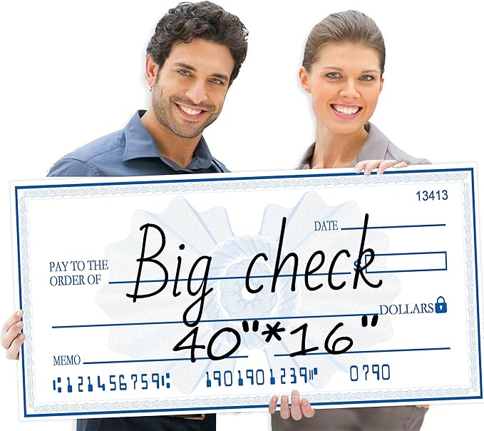 40x16 Inch Giant Check | Big Checks for Presentations | Double-Sided Oversized Checks | Waterproof Reusable Sign for Charity Events & Corporate Awards | Dry Erase Check