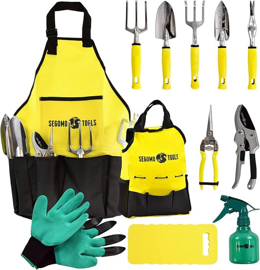Segomo Tools 12 Piece Garden Tool Set (Including Garden Tools Along with Gloves, Kneeling Pad, Spray Bottle, Apron and Tote Bag) | Gardening Kit | Planting Kit | Home Gardening Tools - GTS12