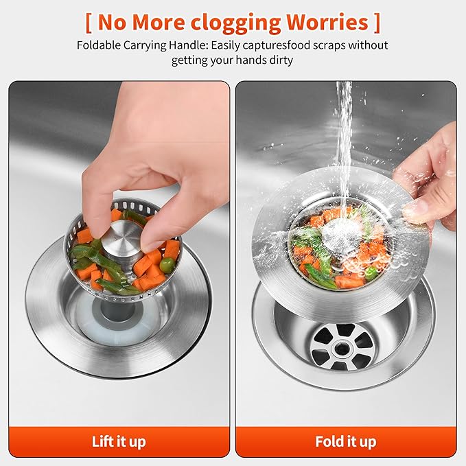 3-in-1 Kitchen Sink Drain Strainer with Bounce Core - Universal Stainless Steel Drain Stopper，Easy to Install & Clean, Upgraded Design