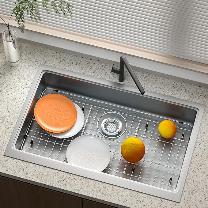 Large Sink Protector for Kitchen Sink,Metal Sink Rack 27.5" X 13.5",Stainless Steel Sink Grid for Bottom of Sink with Strainer,Corner Radius 1",Sink Grate with Rear Drain Hole for Single Bowl,1 Pack